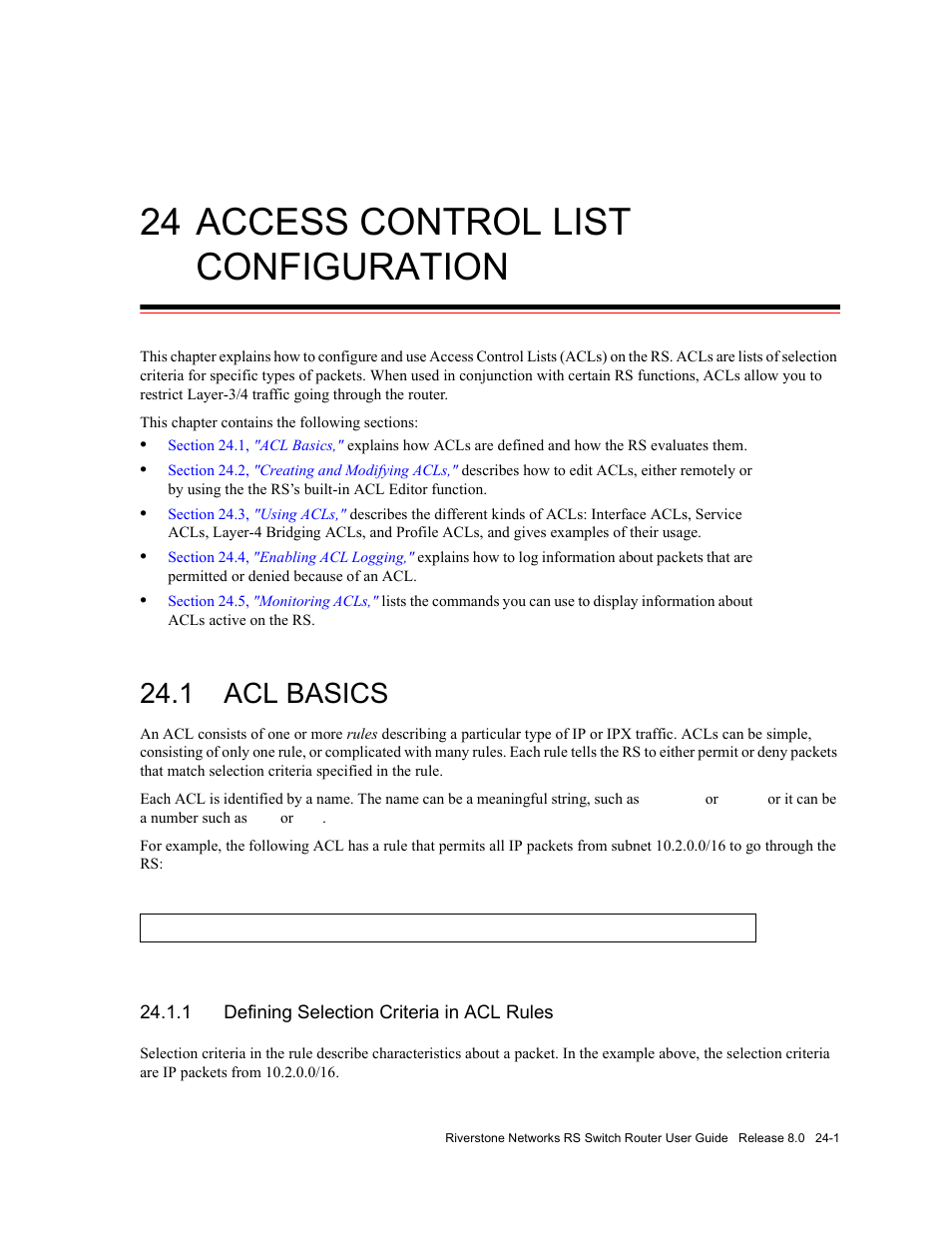 24 access control list configuration, 1 acl basics, 1 defining selection criteria in acl rules | Access control list configuration -1, Acl basics -1, Defining selection criteria in acl rules -1 | Riverstone Networks WICT1-12 User Manual | Page 531 / 718