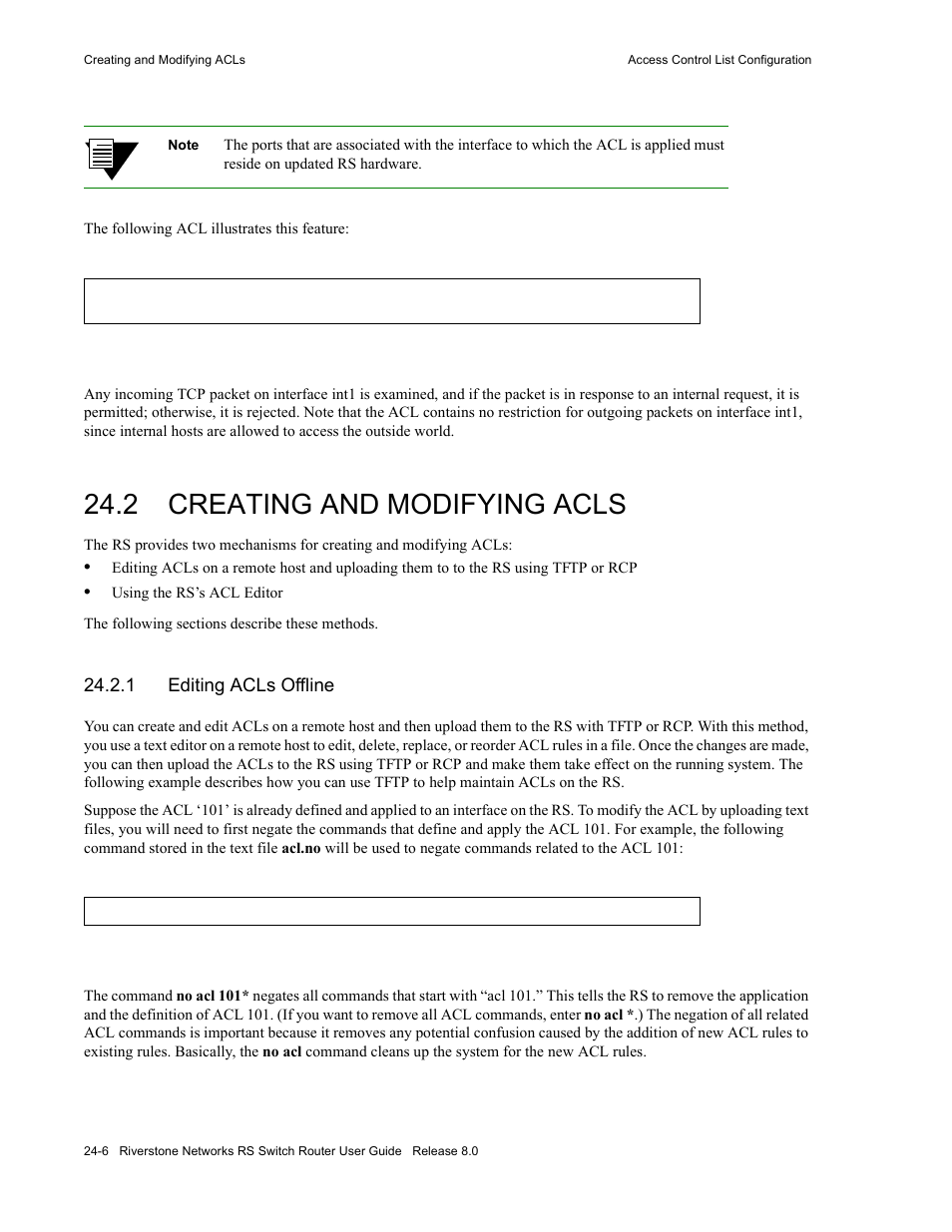 2 creating and modifying acls, 1 editing acls offline, Creating and modifying acls -6 | Editing acls offline -6, Section 24.2, "creating and modifying acls | Riverstone Networks WICT1-12 User Manual | Page 536 / 718