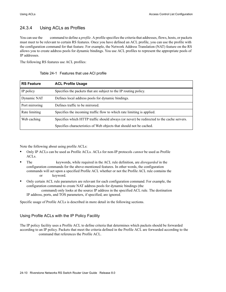 4 using acls as profiles, Using acls as profiles -10, Table 24-1 features that use acl profile -10 | Riverstone Networks WICT1-12 User Manual | Page 540 / 718