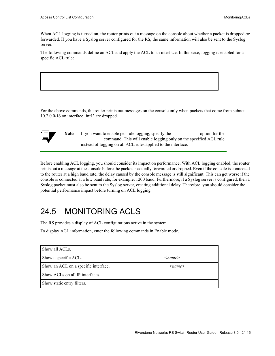 5 monitoring acls, Monitoring acls -15, Section 24.5, "monitoring acls | Riverstone Networks WICT1-12 User Manual | Page 545 / 718