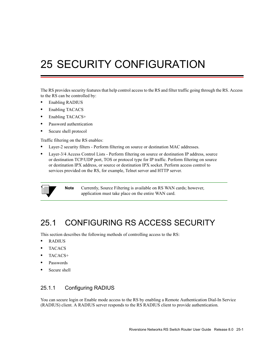 25 security configuration, 1 configuring rs access security, 1 configuring radius | Security configuration -1, Configuring rs access security -1, Configuring radius -1 | Riverstone Networks WICT1-12 User Manual | Page 547 / 718