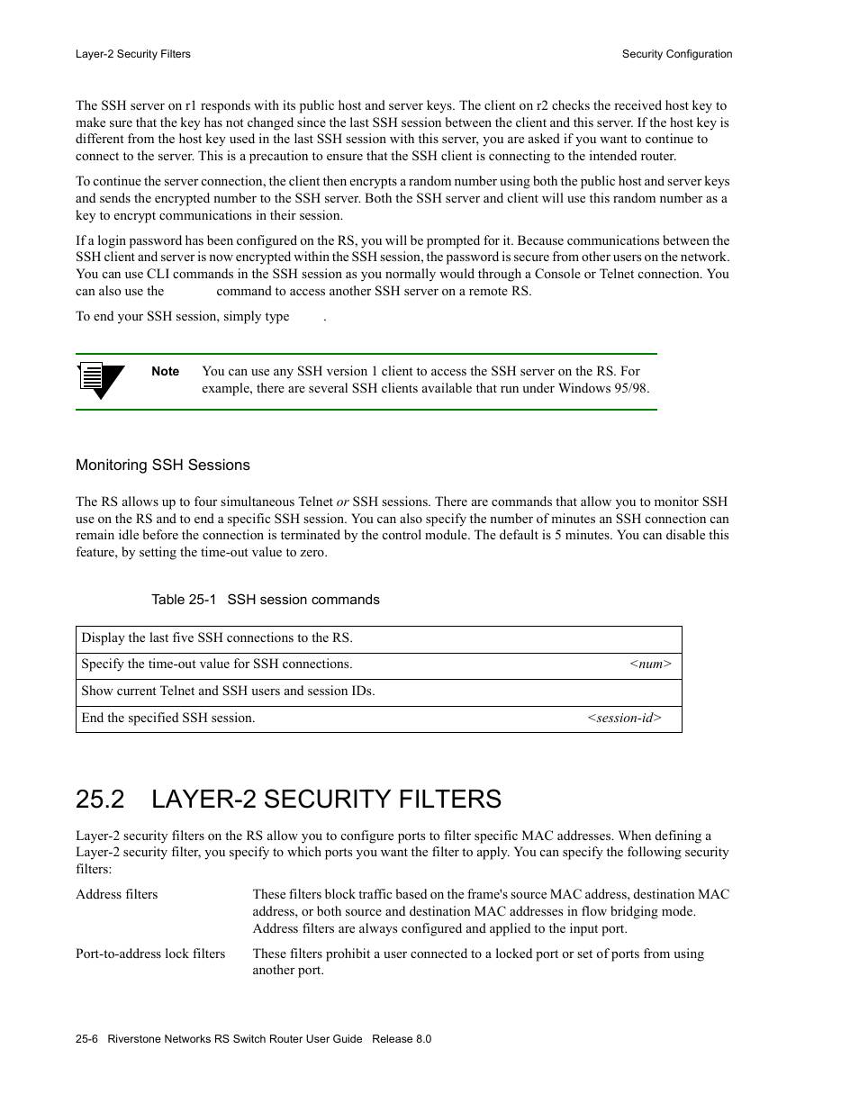 2 layer-2 security filters, Layer-2 security filters -6, Table 25-1 ssh session commands -6 | Riverstone Networks WICT1-12 User Manual | Page 552 / 718