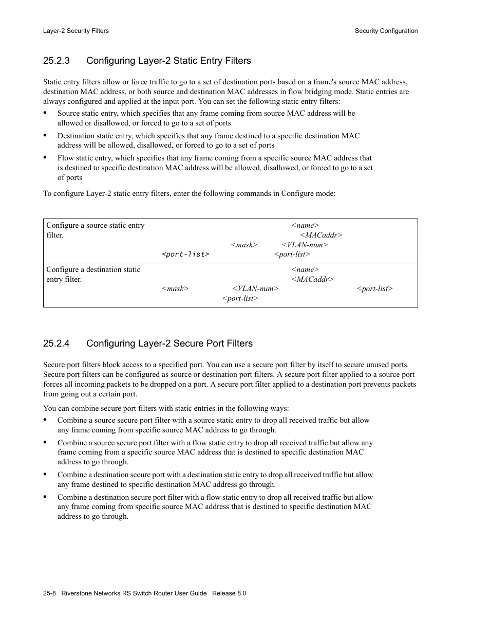 3 configuring layer-2 static entry filters, 4 configuring layer-2 secure port filters, Configuring layer-2 static entry filters -8 | Configuring layer-2 secure port filters -8 | Riverstone Networks WICT1-12 User Manual | Page 554 / 718