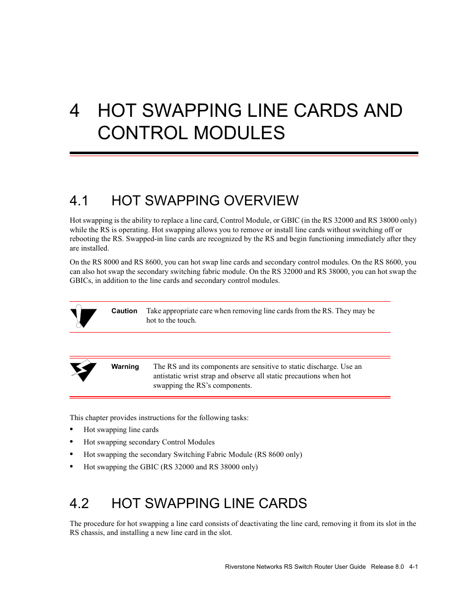 4 hot swapping line cards and control modules, 1 hot swapping overview, 2 hot swapping line cards | Hot swapping line cards and control modules -1, Hot swapping overview -1, Hot swapping line cards -1 | Riverstone Networks WICT1-12 User Manual | Page 57 / 718