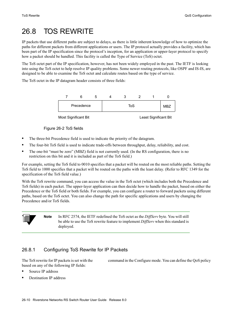 8 tos rewrite, 1 configuring tos rewrite for ip packets, Tos rewrite -10 | Configuring tos rewrite for ip packets -10, Figure 26-2 tos fields -10 | Riverstone Networks WICT1-12 User Manual | Page 572 / 718