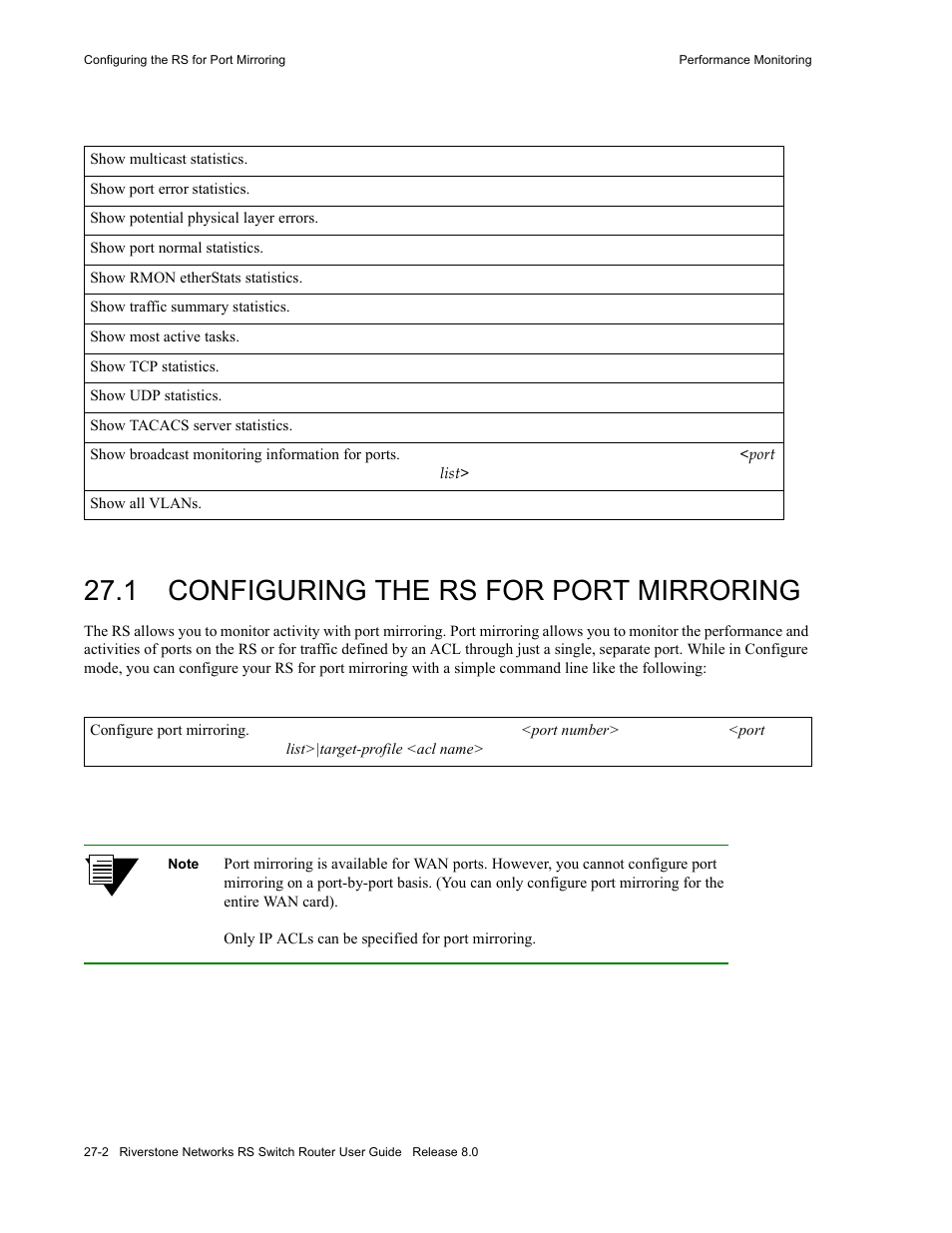1 configuring the rs for port mirroring, Configuring the rs for port mirroring -2 | Riverstone Networks WICT1-12 User Manual | Page 584 / 718