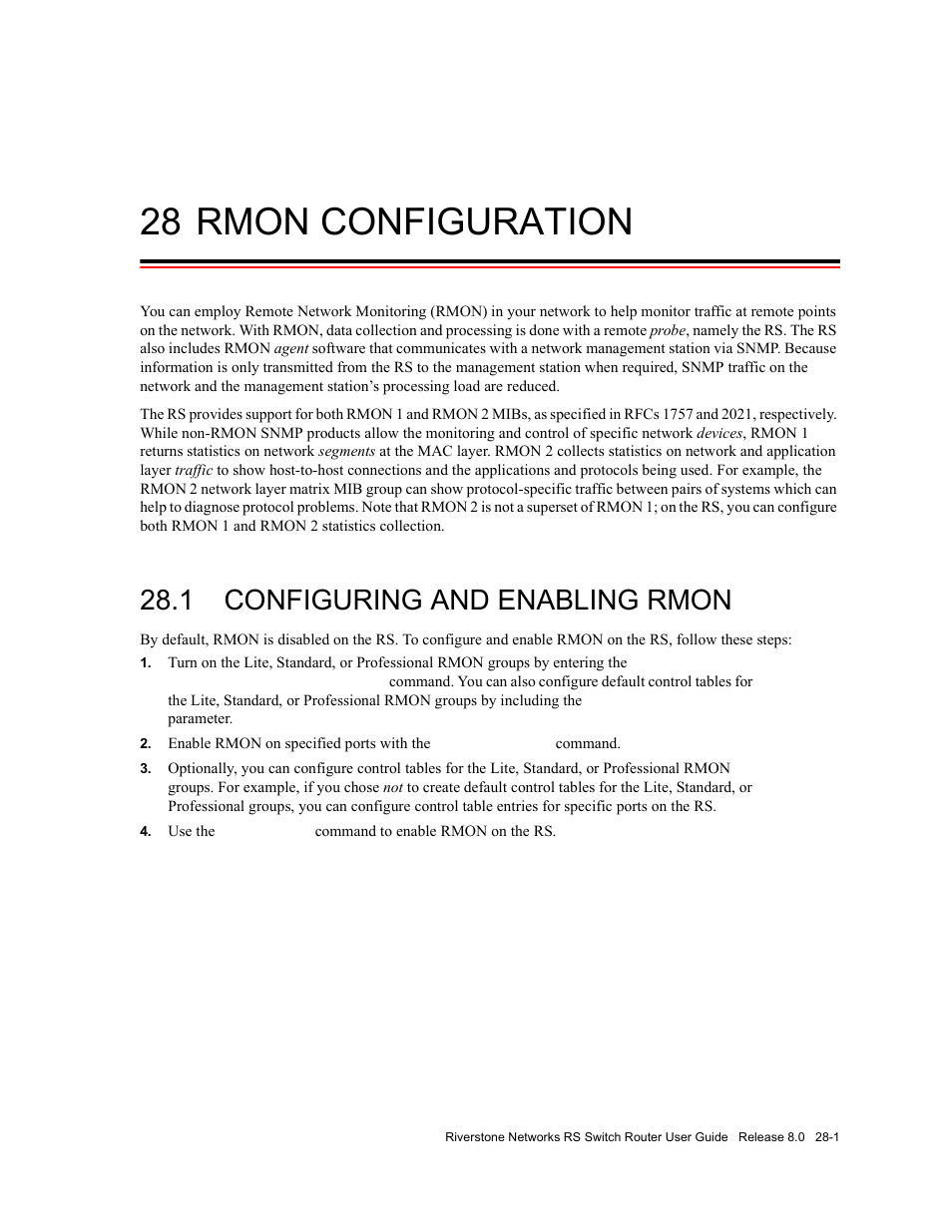 28 rmon configuration, 1 configuring and enabling rmon, Rmon configuration -1 | Configuring and enabling rmon -1 | Riverstone Networks WICT1-12 User Manual | Page 587 / 718