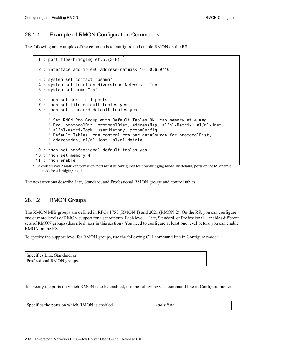 1 example of rmon configuration commands, 2 rmon groups, Example of rmon configuration commands -2 | Rmon groups -2 | Riverstone Networks WICT1-12 User Manual | Page 588 / 718