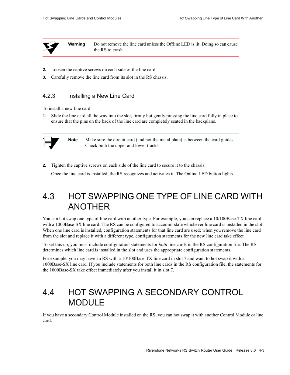 3 installing a new line card, 3 hot swapping one type of line card with another, 4 hot swapping a secondary control module | Installing a new line card -3, Hot swapping one type of line card with another -3, Hot swapping a secondary control module -3 | Riverstone Networks WICT1-12 User Manual | Page 59 / 718