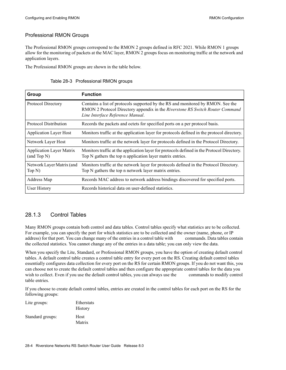 3 control tables, Control tables -4, Table 28-3 professional rmon groups -4 | Riverstone Networks WICT1-12 User Manual | Page 590 / 718
