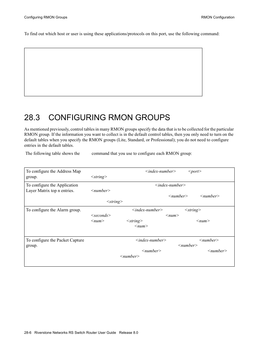 3 configuring rmon groups, Configuring rmon groups -6, Section 28.3, "configuring rmon | Groups, Section 28.3, "configuring rmon groups | Riverstone Networks WICT1-12 User Manual | Page 592 / 718