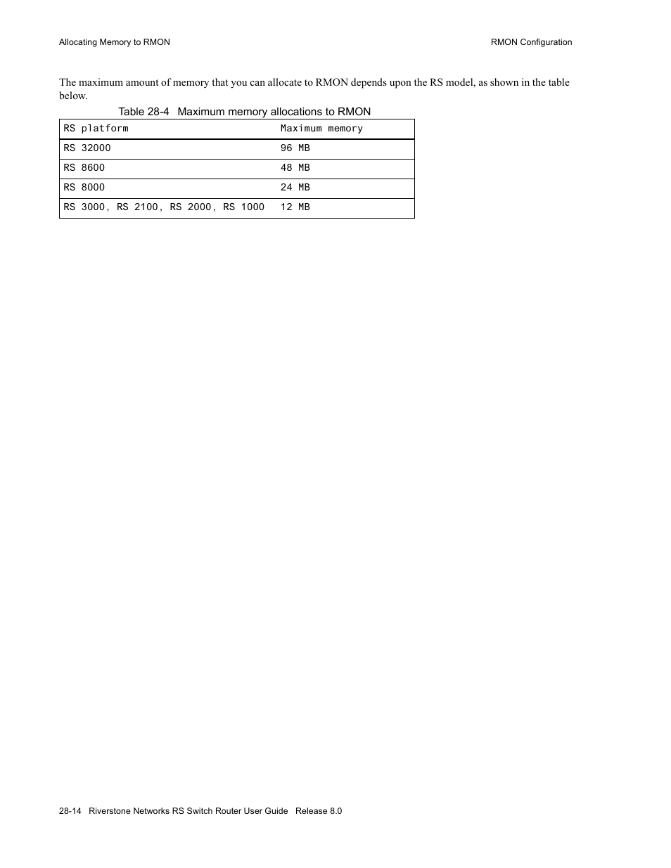 Table 28-4 maximum memory allocations to rmon -14 | Riverstone Networks WICT1-12 User Manual | Page 600 / 718