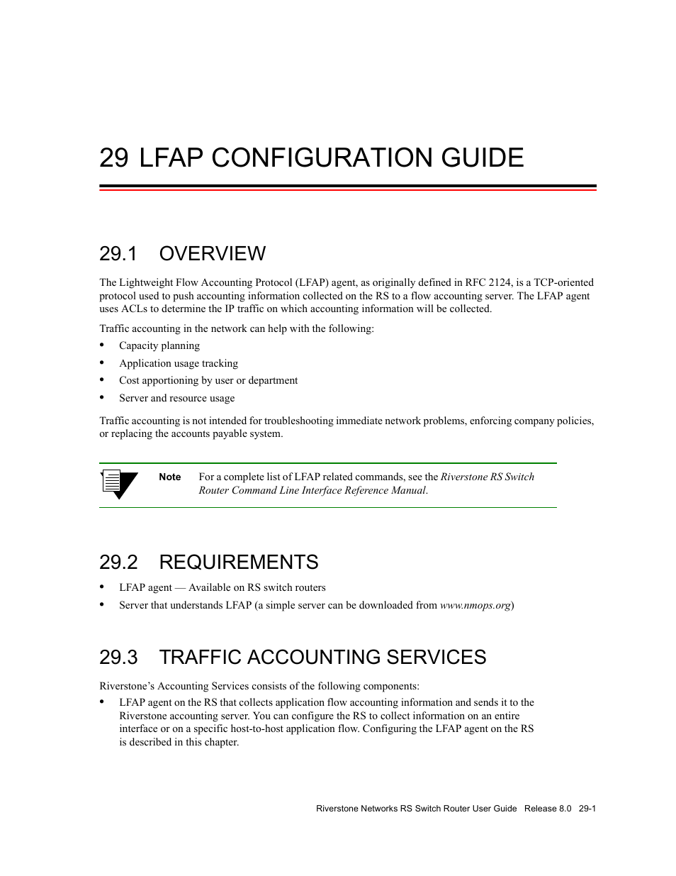 29 lfap configuration guide, 1 overview, 2 requirements | 3 traffic accounting services, Lfap configuration guide -1, Overview -1, Requirements -1, Traffic accounting services -1 | Riverstone Networks WICT1-12 User Manual | Page 601 / 718
