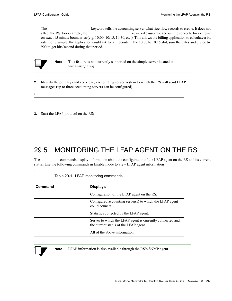 5 monitoring the lfap agent on the rs, Monitoring the lfap agent on the rs -3, Table 29-1 lfap monitoring commands -3 | Riverstone Networks WICT1-12 User Manual | Page 603 / 718