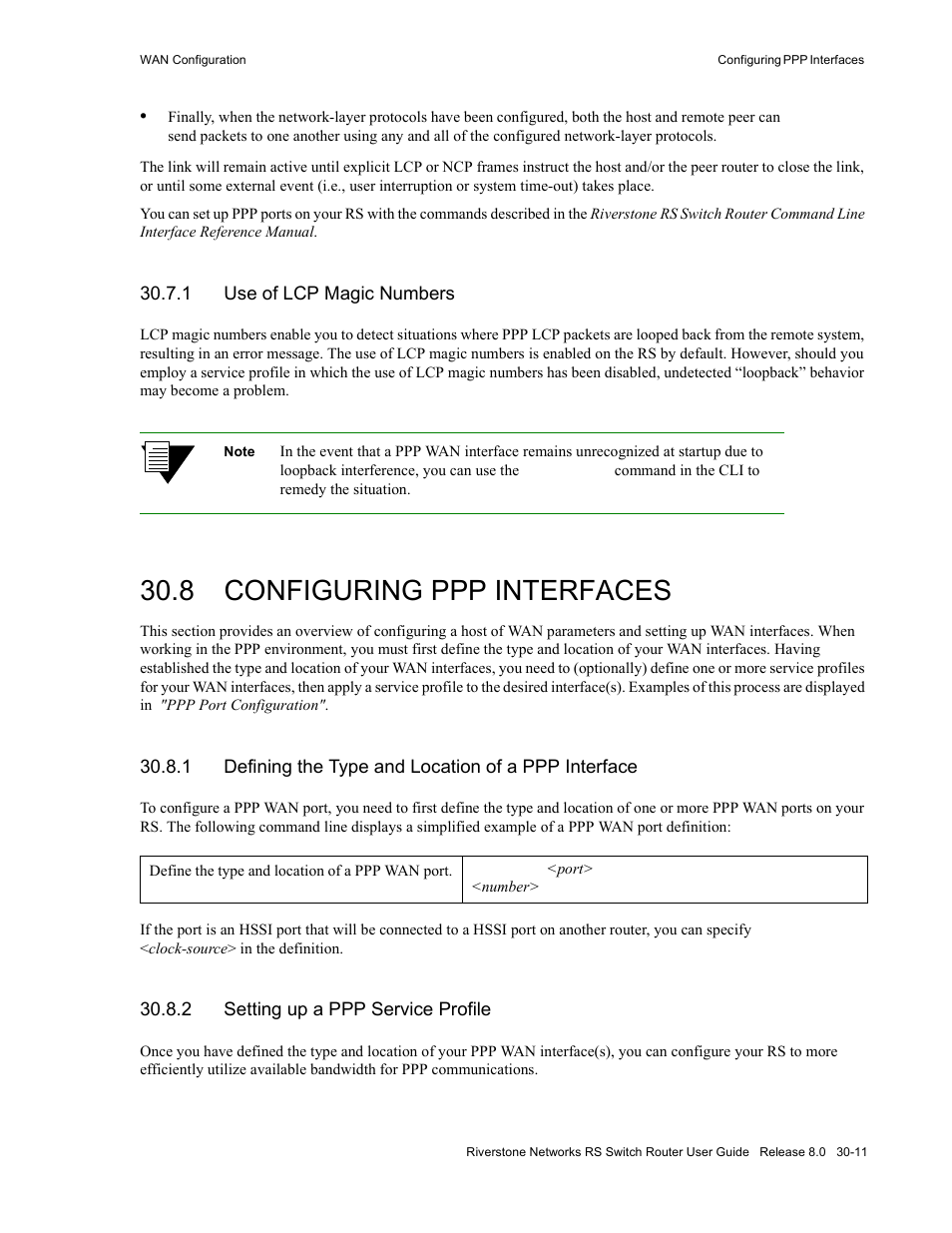 1 use of lcp magic numbers, 8 configuring ppp interfaces, 2 setting up a ppp service profile | Use of lcp magic numbers -11, Configuring ppp interfaces -11, Setting up a ppp service profile -11, Section 30.8.2, "setting up a ppp, Service profile | Riverstone Networks WICT1-12 User Manual | Page 615 / 718