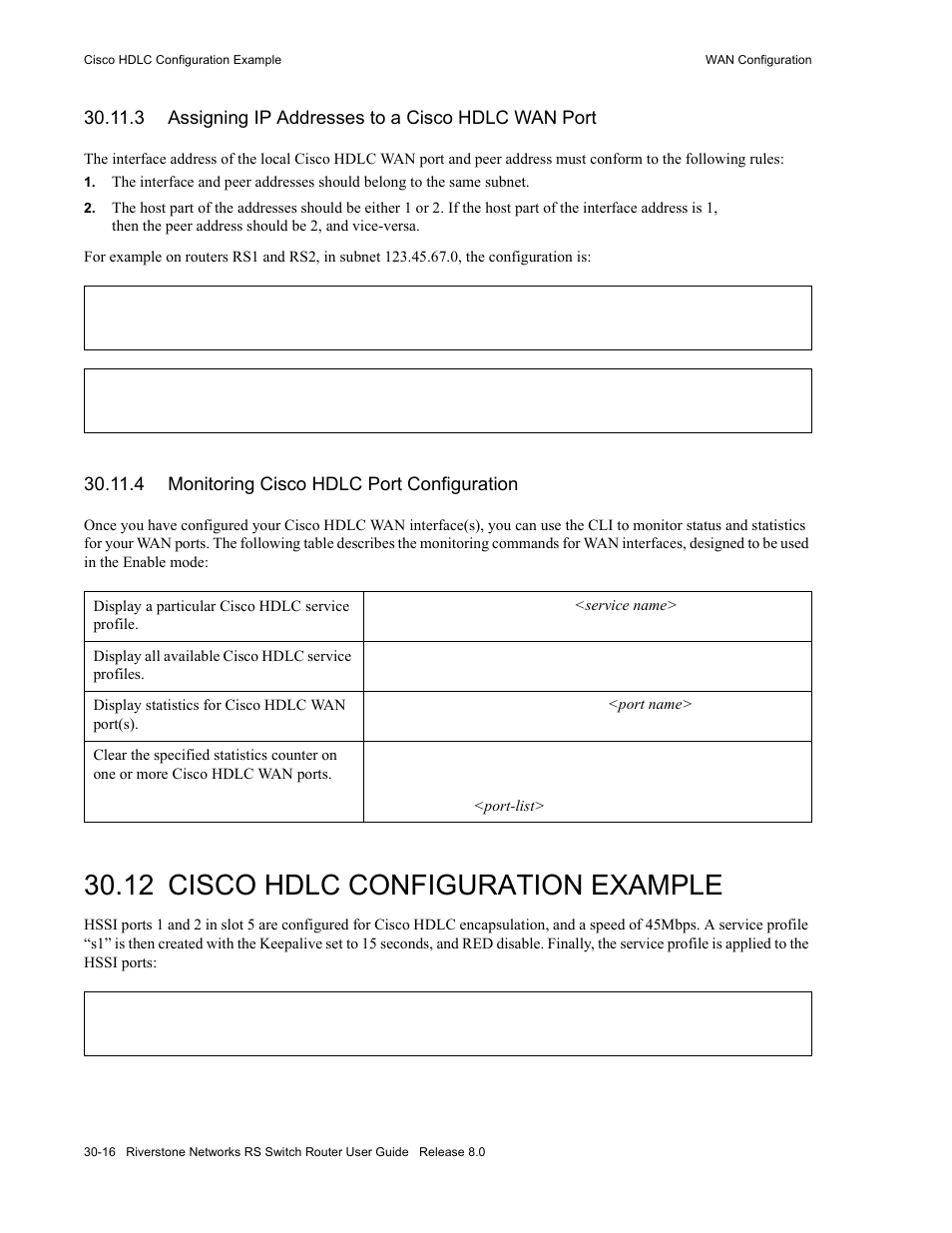 3 assigning ip addresses to a cisco hdlc wan port, 4 monitoring cisco hdlc port configuration, 12 cisco hdlc configuration example | Cisco hdlc configuration example -16, Rate limiting configuration examples -13 | Riverstone Networks WICT1-12 User Manual | Page 620 / 718