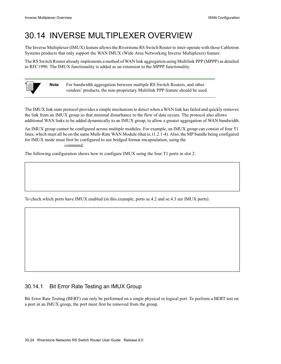 14 inverse multiplexer overview, 1 bit error rate testing an imux group, Inverse multiplexer overview -24 | Bit error rate testing an imux group -24, Section 30.14, "inverse multiplexer overview | Riverstone Networks WICT1-12 User Manual | Page 628 / 718