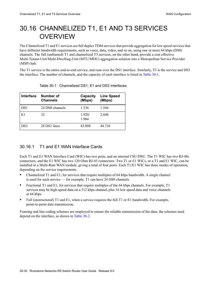 16 channelized t1, e1 and t3 services overview, 1 t1 and e1 wan interface cards, Channelized t1, e1 and t3 services overview -30 | T1 and e1 wan interface cards -30, Section 30.16, "channelized t1, e1 and t3, Services overview | Riverstone Networks WICT1-12 User Manual | Page 634 / 718