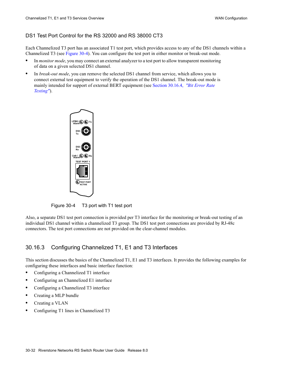 3 configuring channelized t1, e1 and t3 interfaces, Figure 30-4 t3 port with t1 test port -32 | Riverstone Networks WICT1-12 User Manual | Page 636 / 718