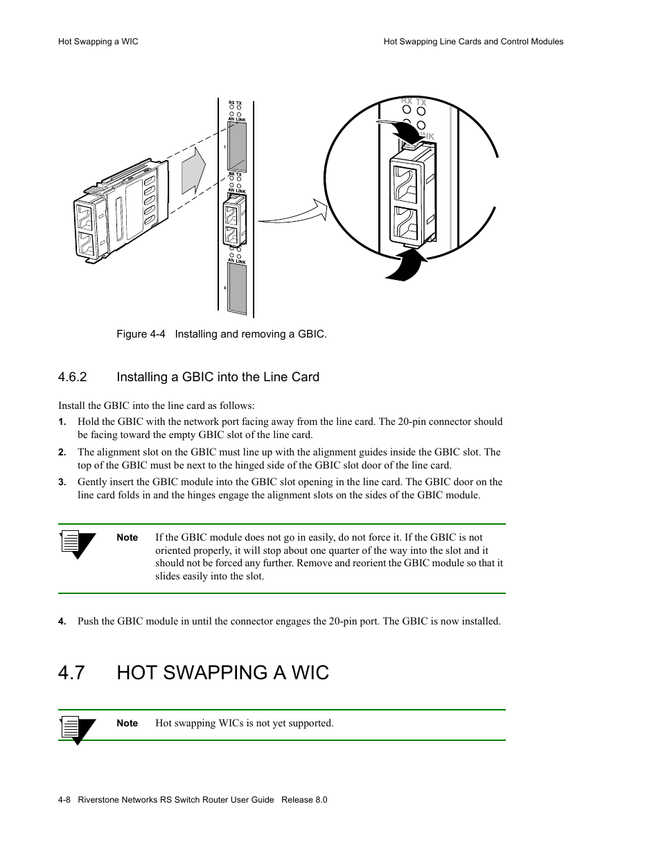 2 installing a gbic into the line card, 7 hot swapping a wic, Installing a gbic into the line card -8 | Hot swapping a wic -8, Figure 4-4, Installing and removing a gbic -8 | Riverstone Networks WICT1-12 User Manual | Page 64 / 718