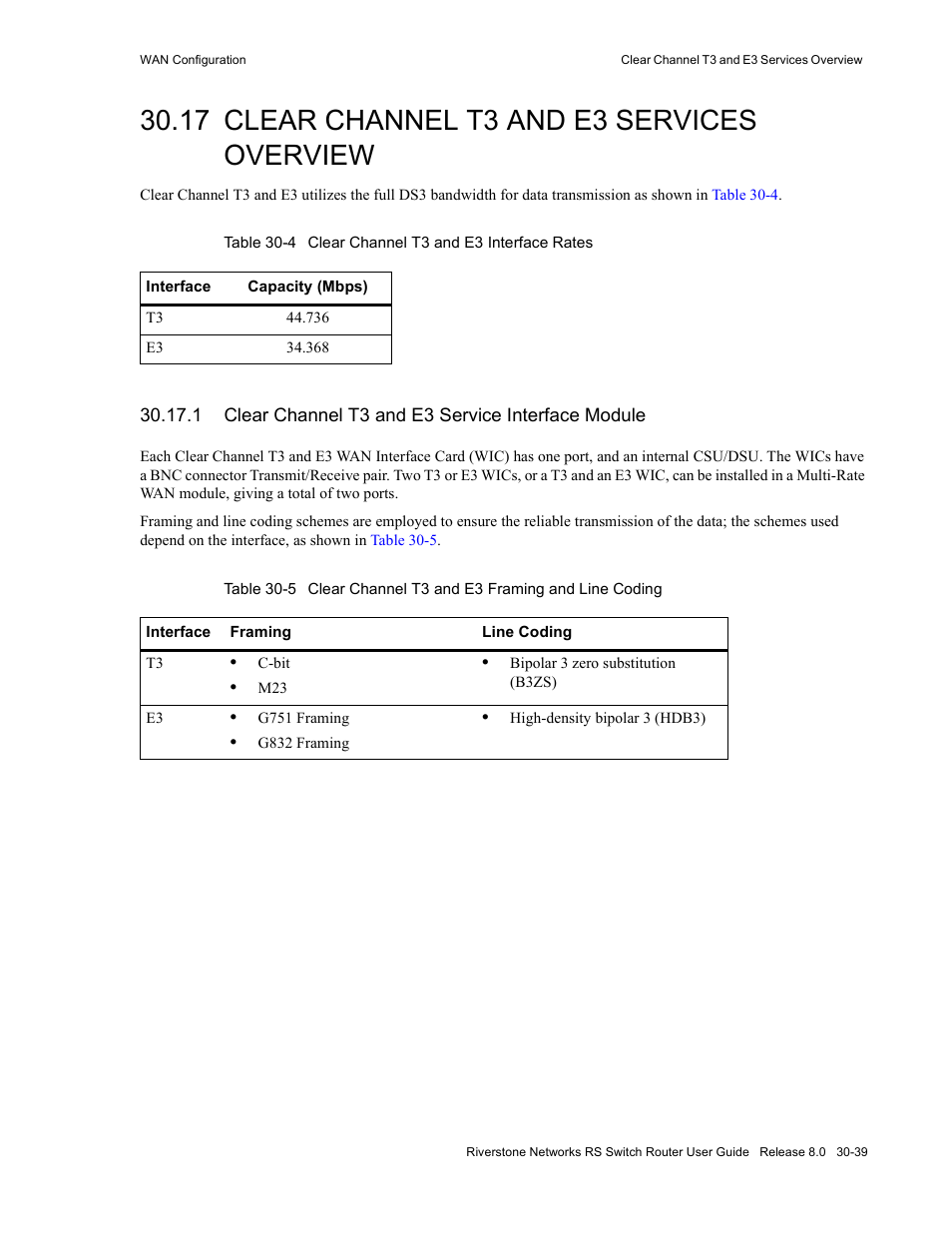 17 clear channel t3 and e3 services overview, 1 clear channel t3 and e3 service interface module, Clear channel t3 and e3 services overview -39 | Section 30.17, "clear channel t3 and e3 services, Overview | Riverstone Networks WICT1-12 User Manual | Page 643 / 718
