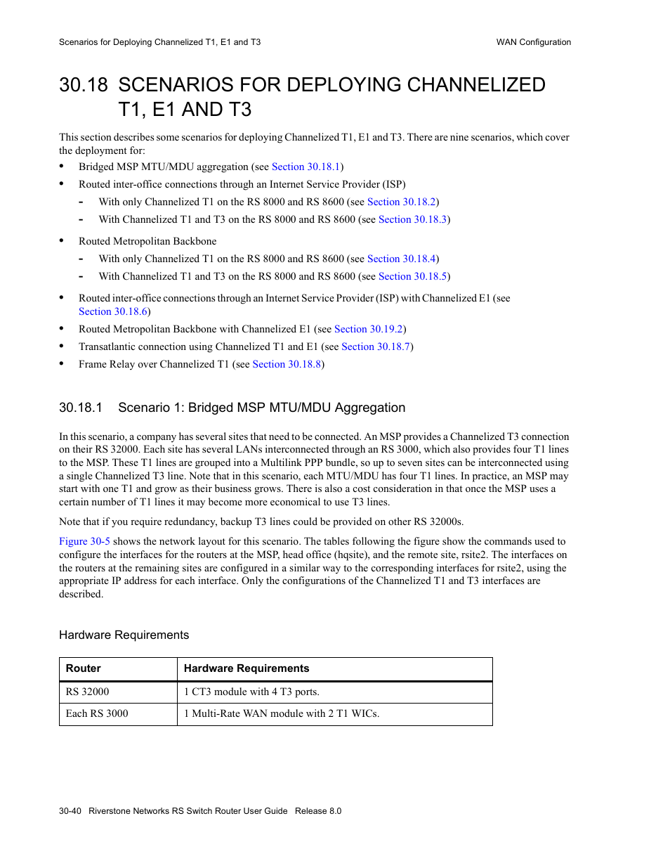 1 scenario 1: bridged msp mtu/mdu aggregation, Scenario 1: bridged msp mtu/mdu aggregation -40, Section 30.18, "scenarios for | Deploying channelized t1, e1 and t3 | Riverstone Networks WICT1-12 User Manual | Page 644 / 718