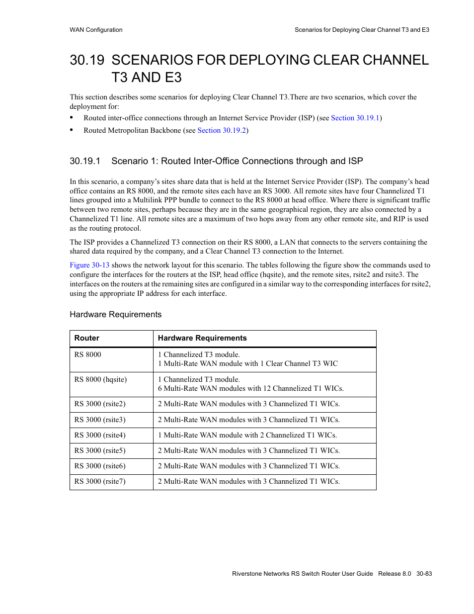 19 scenarios for deploying clear channel t3 and e3, Section 30.19, "scenarios for deploying, Clear channel t3 and e3 | Riverstone Networks WICT1-12 User Manual | Page 687 / 718