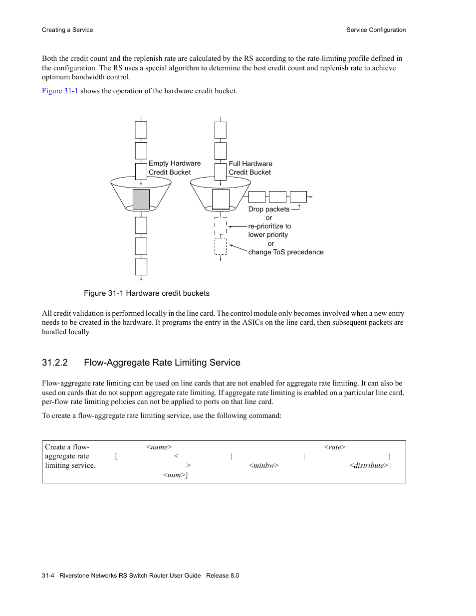 2 flow-aggregate rate limiting service, Flow-aggregate rate limiting service -4, Figure 31-1 hardware credit buckets -4 | Riverstone Networks WICT1-12 User Manual | Page 708 / 718