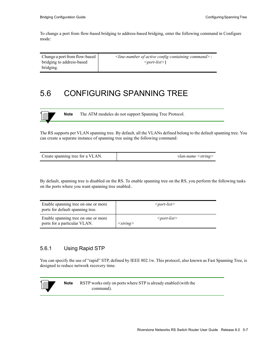 6 configuring spanning tree, 1 using rapid stp, Configuring spanning tree -7 | Using rapid stp -7 | Riverstone Networks WICT1-12 User Manual | Page 71 / 718