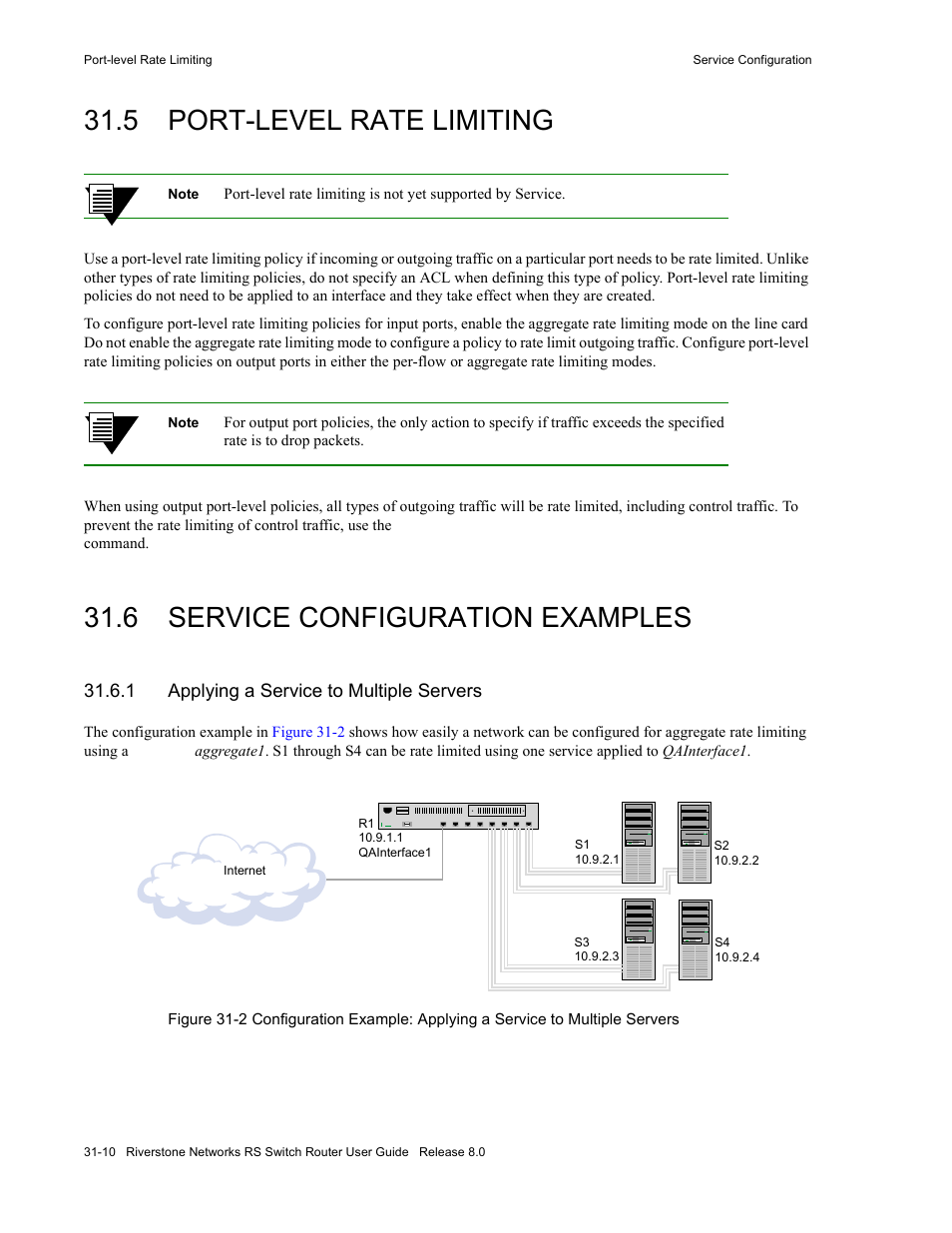 5 port-level rate limiting, 6 service configuration examples, 1 applying a service to multiple servers | Port-level rate limiting -10, Service configuration examples -10, Applying a service to multiple servers -10, 1 "applying a service to multiple servers | Riverstone Networks WICT1-12 User Manual | Page 714 / 718