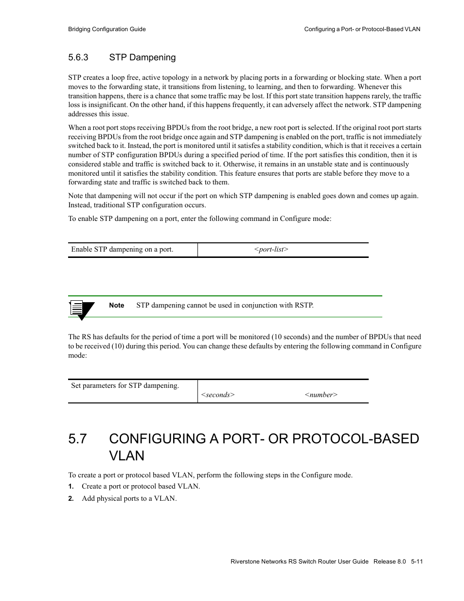 3 stp dampening, 7 configuring a port- or protocol-based vlan, Stp dampening -11 | Configuring a port- or protocol-based vlan -11 | Riverstone Networks WICT1-12 User Manual | Page 75 / 718