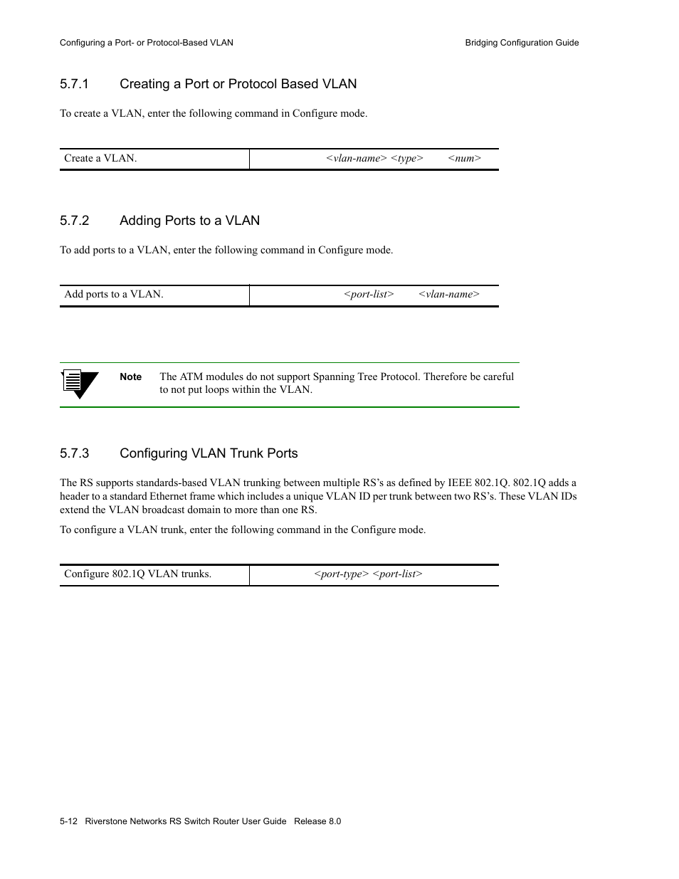 1 creating a port or protocol based vlan, 2 adding ports to a vlan, 3 configuring vlan trunk ports | Creating a port or protocol based vlan -12, Adding ports to a vlan -12, Configuring vlan trunk ports -12 | Riverstone Networks WICT1-12 User Manual | Page 76 / 718