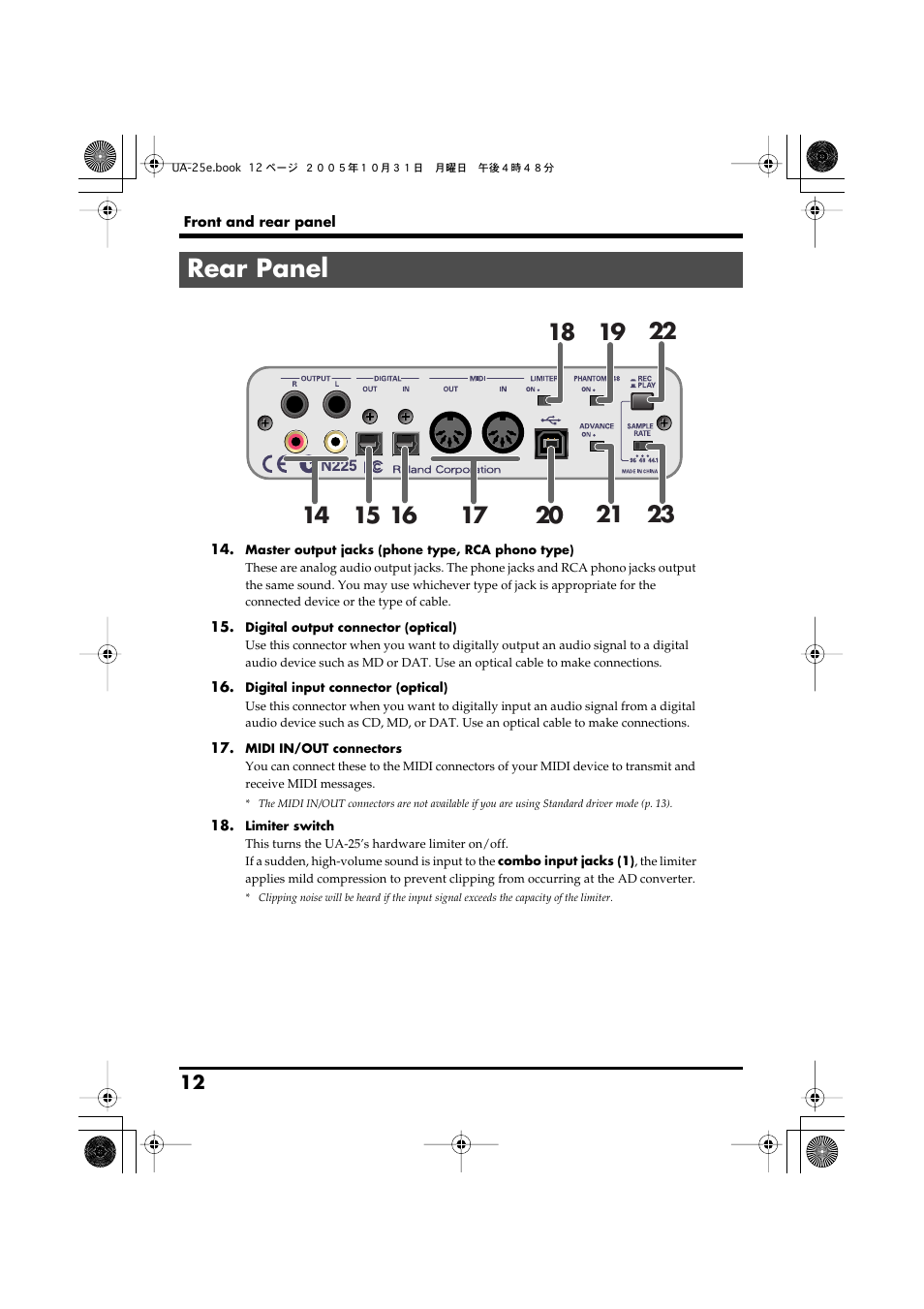 Rear panel | Roland UA-25 User Manual | Page 12 / 68