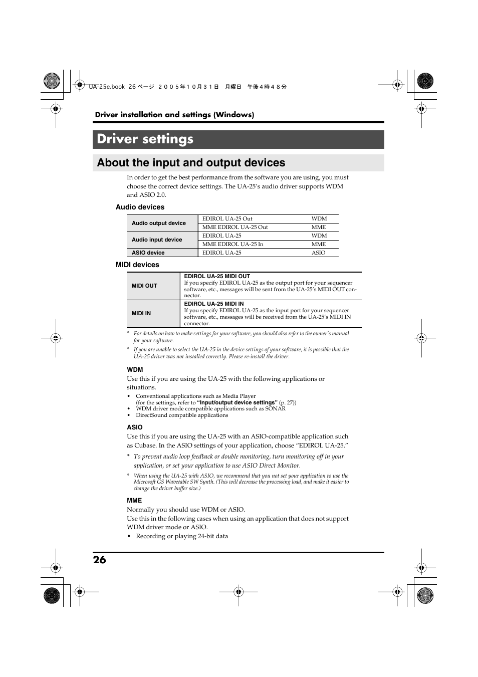 Driver settings, About the input and output devices | Roland UA-25 User Manual | Page 26 / 68