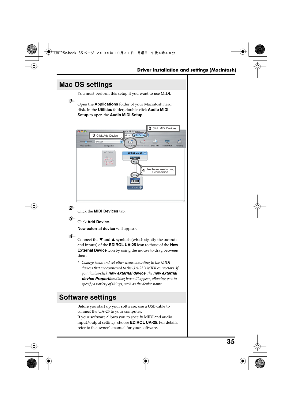 Mac os settings, Software settings, Mac os settings software settings | Roland UA-25 User Manual | Page 35 / 68