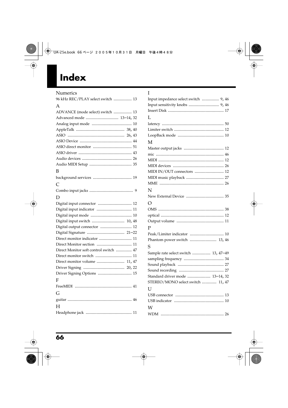 Index | Roland UA-25 User Manual | Page 66 / 68