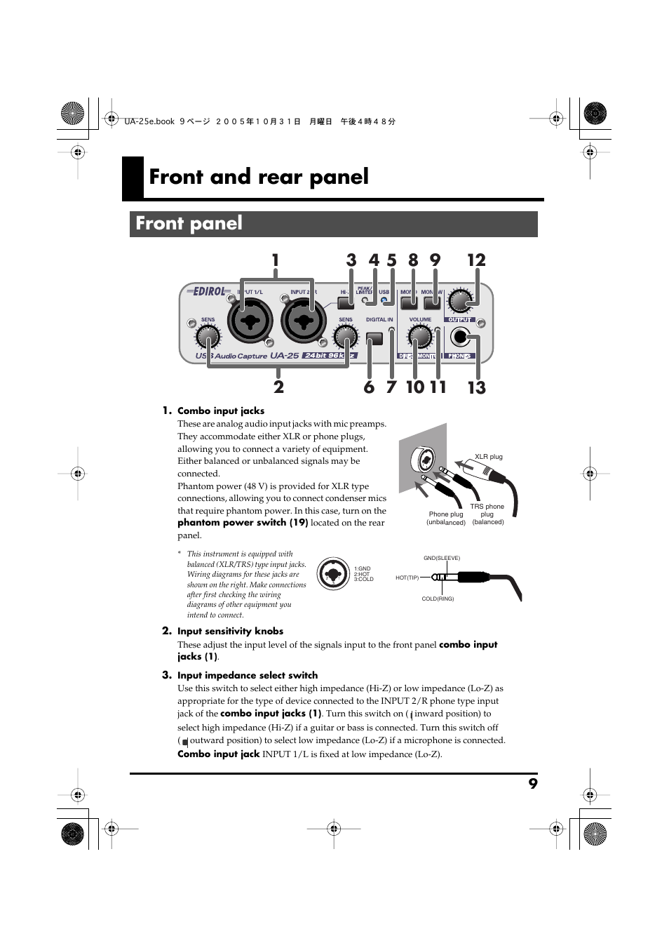 Front and rear panel, Front panel | Roland UA-25 User Manual | Page 9 / 68