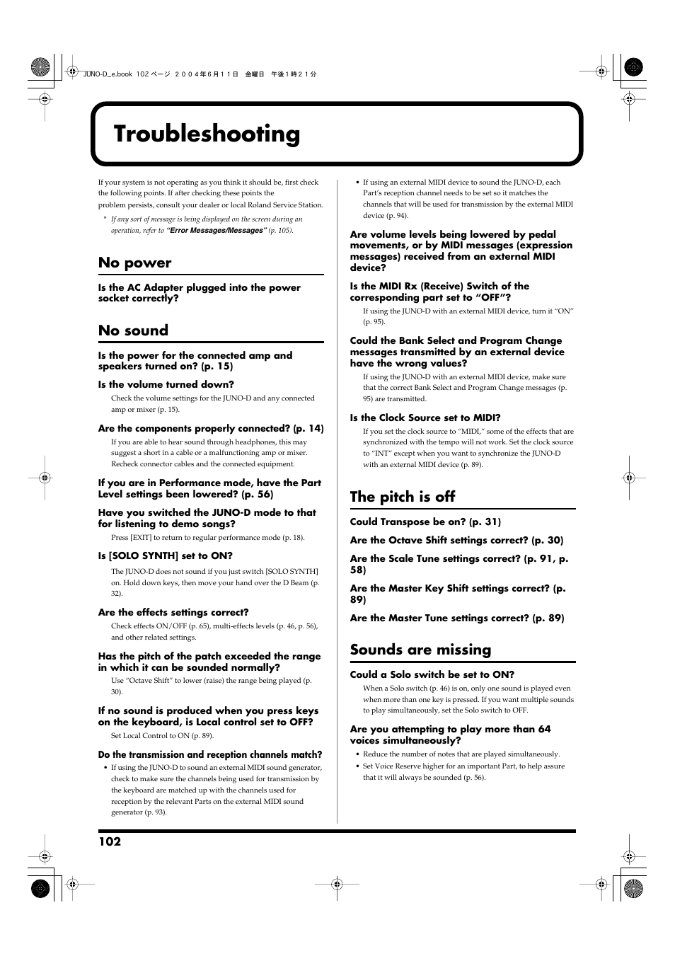Troubleshooting, No power, No sound | The pitch is off, Sounds are missing | Roland JUNO-D User Manual | Page 102 / 132