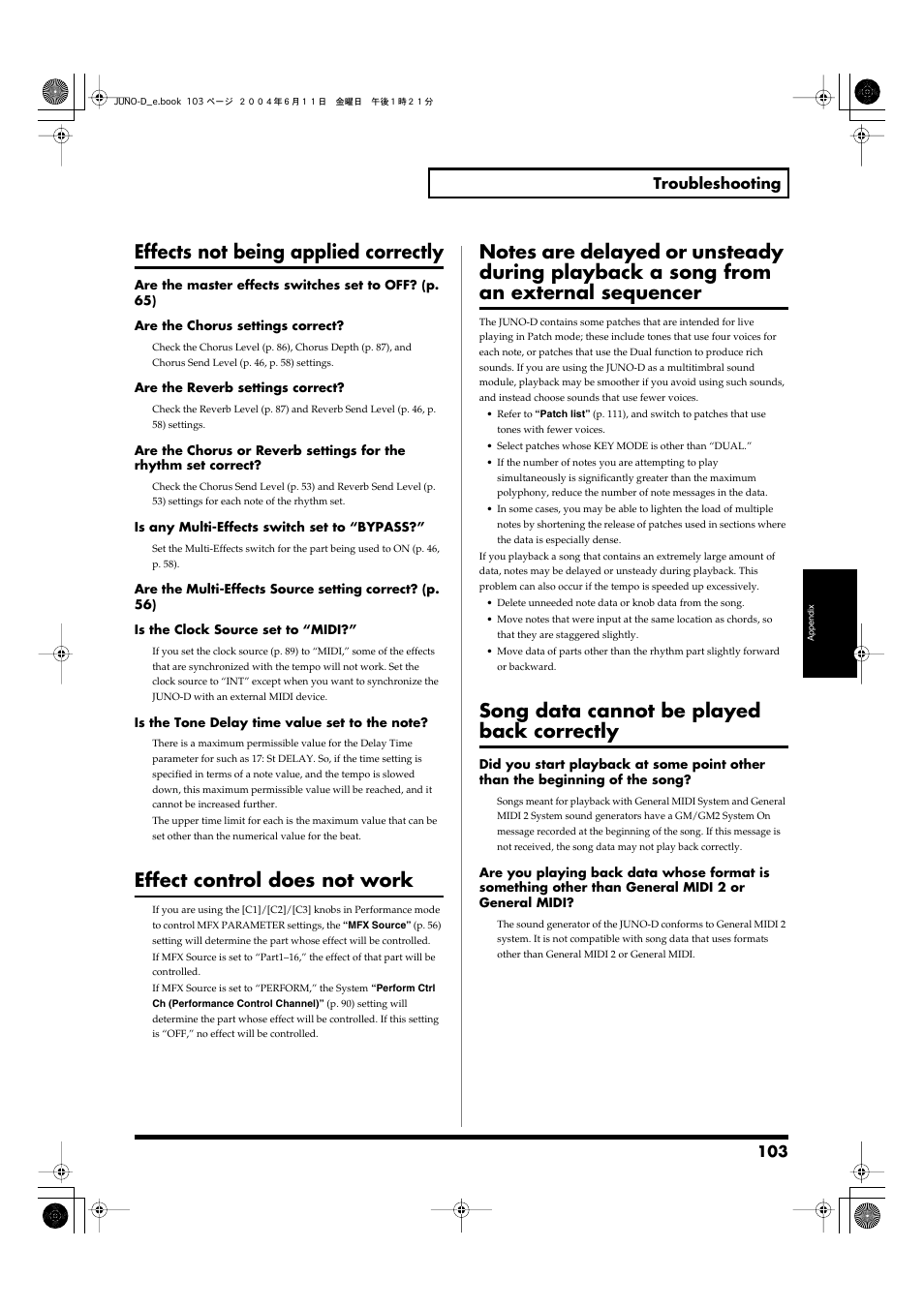 Effects not being applied correctly, Effect control does not work, Song data cannot be played back correctly | Roland JUNO-D User Manual | Page 103 / 132