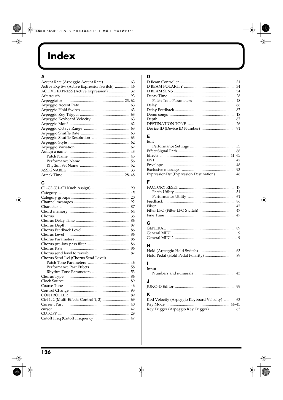 Index | Roland JUNO-D User Manual | Page 126 / 132