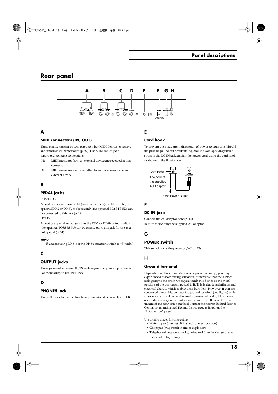 Rear panel | Roland JUNO-D User Manual | Page 13 / 132