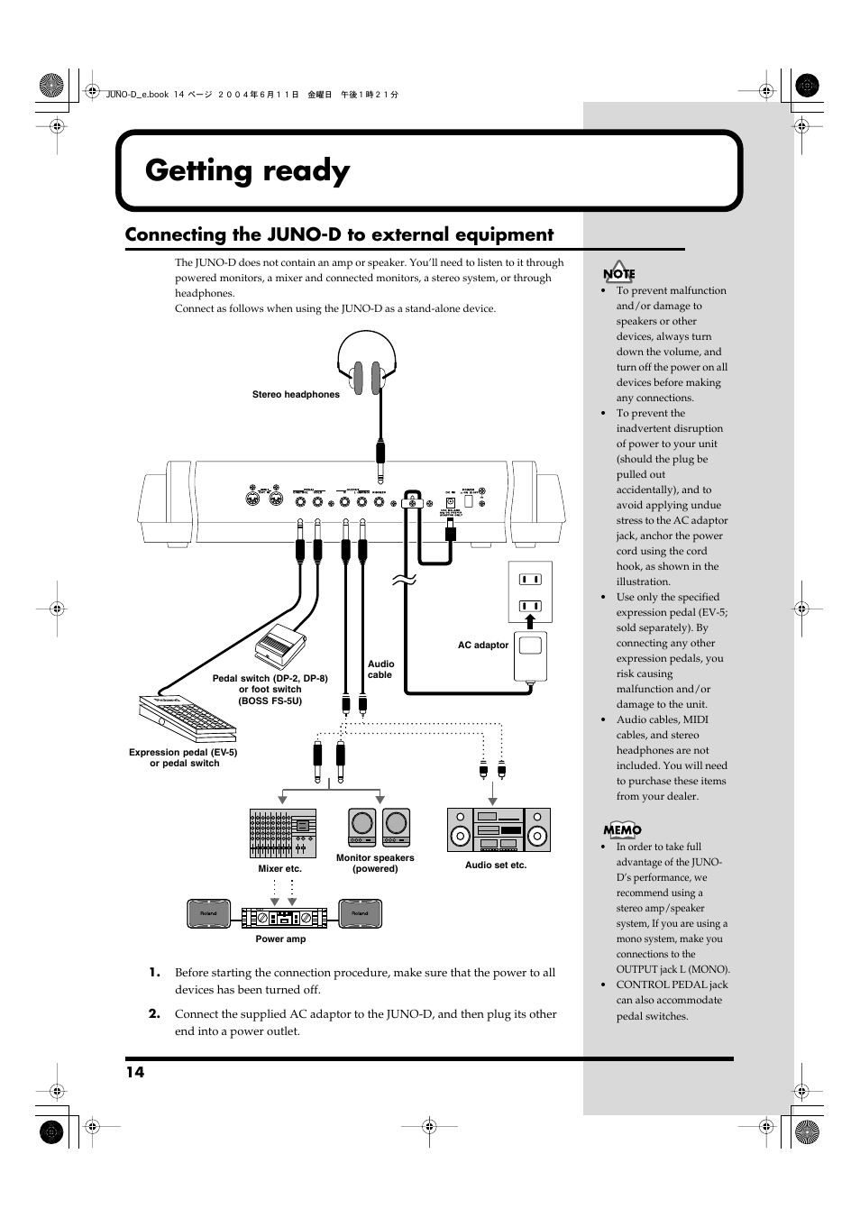 Getting ready, Connecting the juno-d to external equipment, Be connected to this jack (p. 14) | Hold pedal (p. 14), Connect the ac adaptor here (p. 14) | Roland JUNO-D User Manual | Page 14 / 132