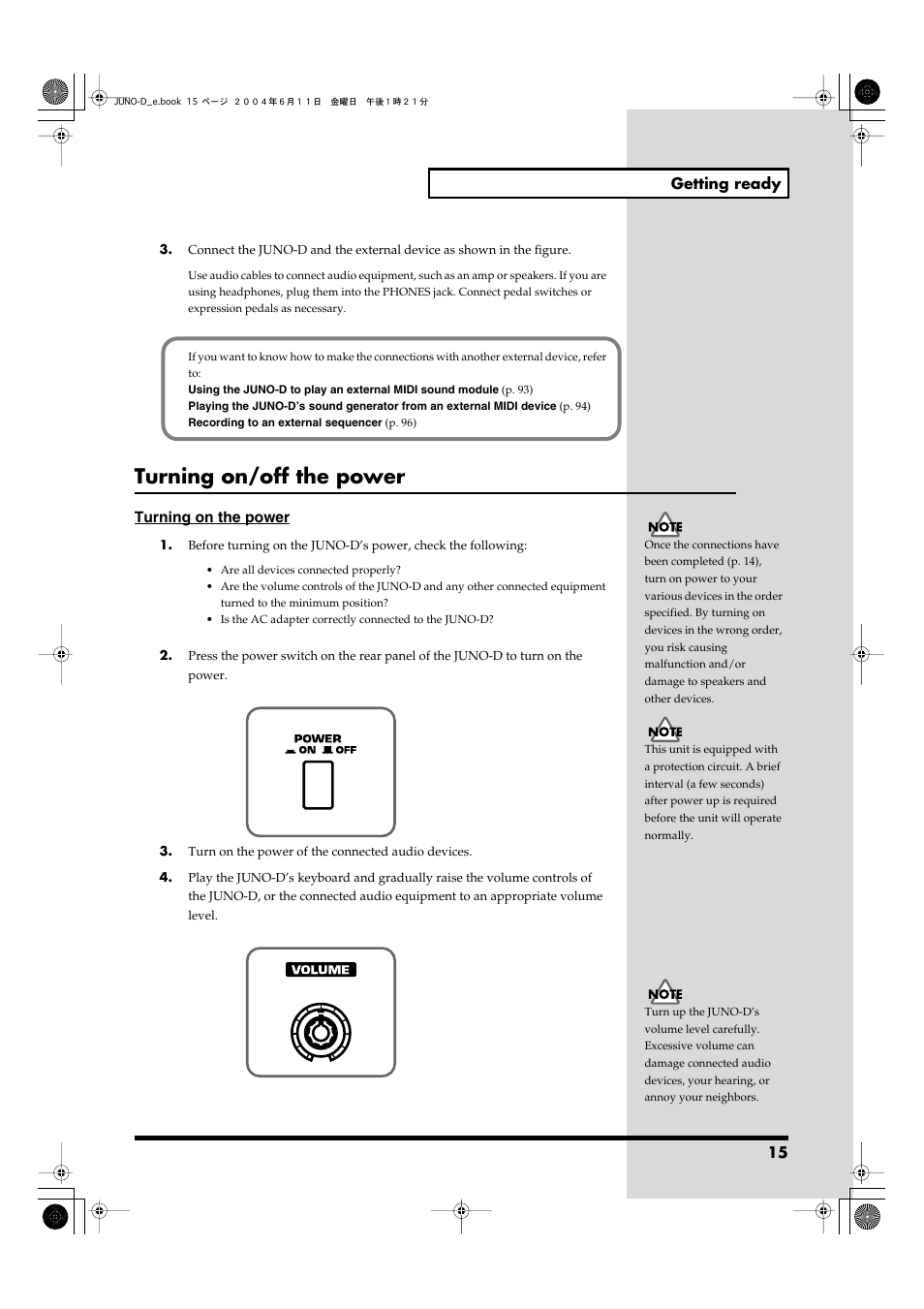 Turning on/off the power, Output jacks and phones jack (p. 15), This switch turns the power on/off (p. 15) | Roland JUNO-D User Manual | Page 15 / 132