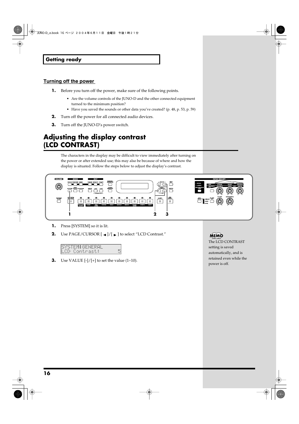 Adjusting the display contrast (lcd contrast) | Roland JUNO-D User Manual | Page 16 / 132