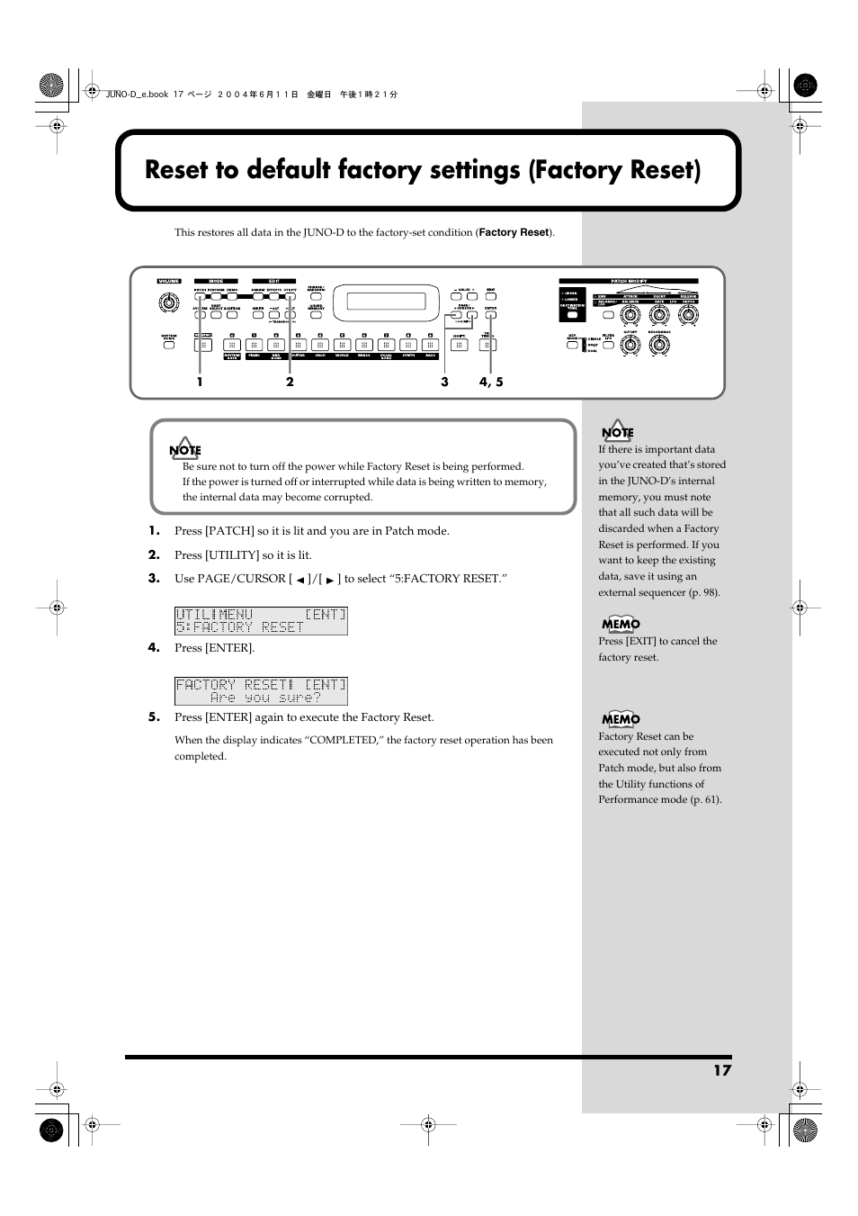 Reset to default factory settings (factory reset) | Roland JUNO-D User Manual | Page 17 / 132