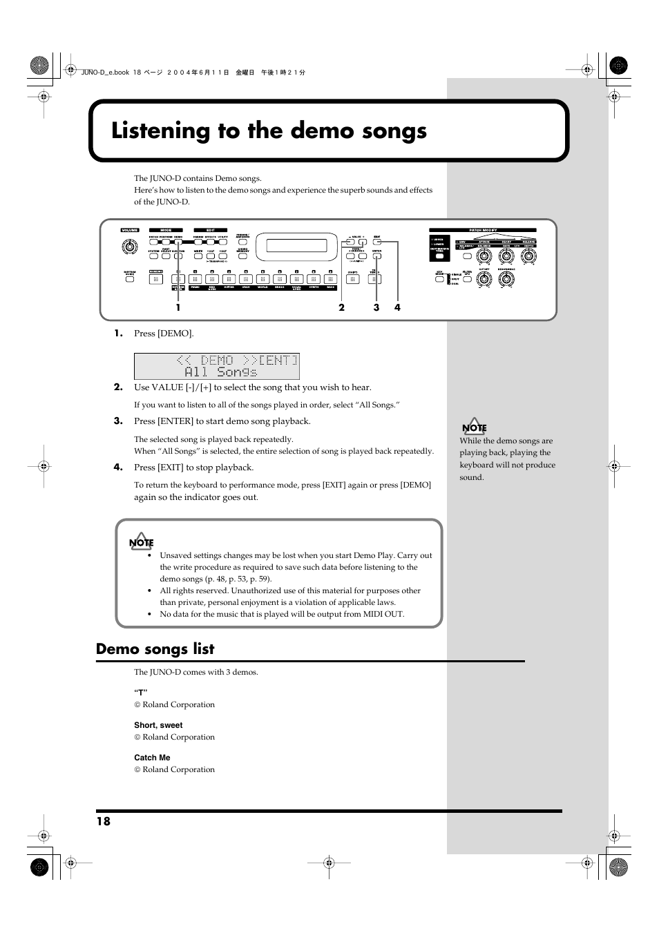 Listening to the demo songs, Demo songs list, Accesses the demo playback function (p. 18) | Roland JUNO-D User Manual | Page 18 / 132