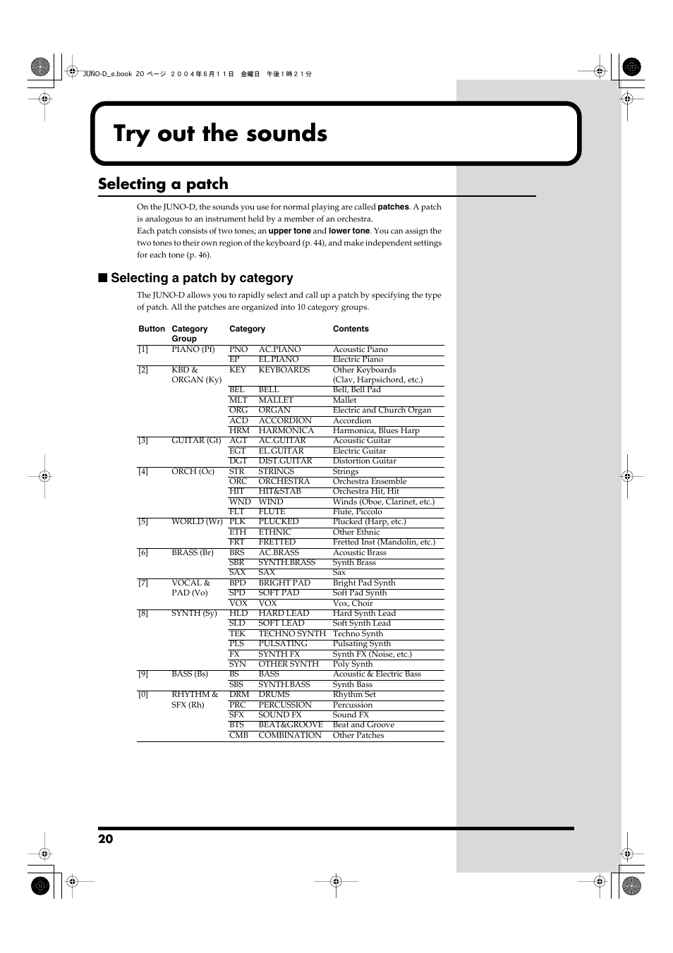 Try out the sounds, Selecting a patch, Selecting a patch by category | Roland JUNO-D User Manual | Page 20 / 132
