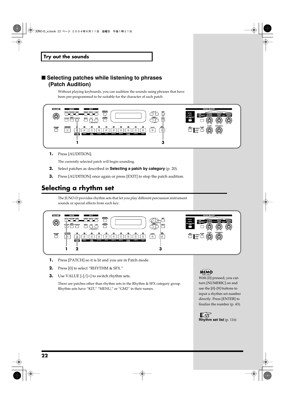 Selecting a rhythm set, Selected patch (p. 22), Included in [0] (p. 22) | Roland JUNO-D User Manual | Page 22 / 132