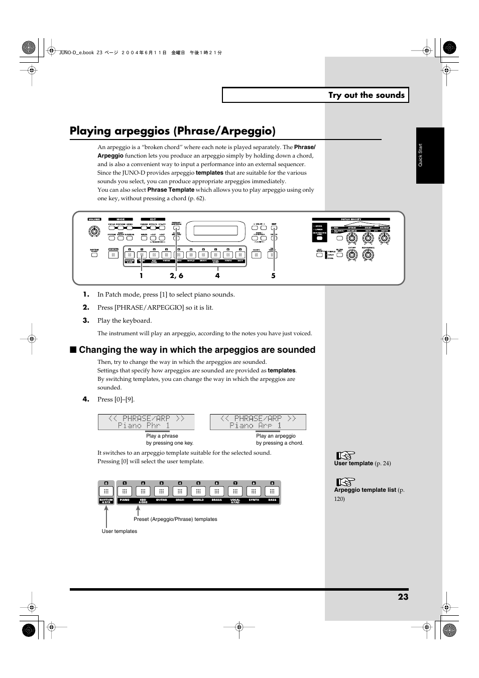 Playing arpeggios (phrase/arpeggio), P. 23) | Roland JUNO-D User Manual | Page 23 / 132