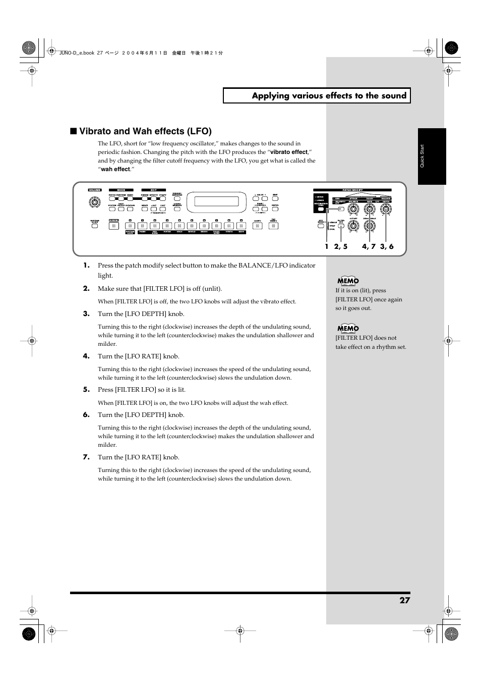 Vibrato and wah effects (lfo), On), or the pitch (off) (p. 27) | Roland JUNO-D User Manual | Page 27 / 132